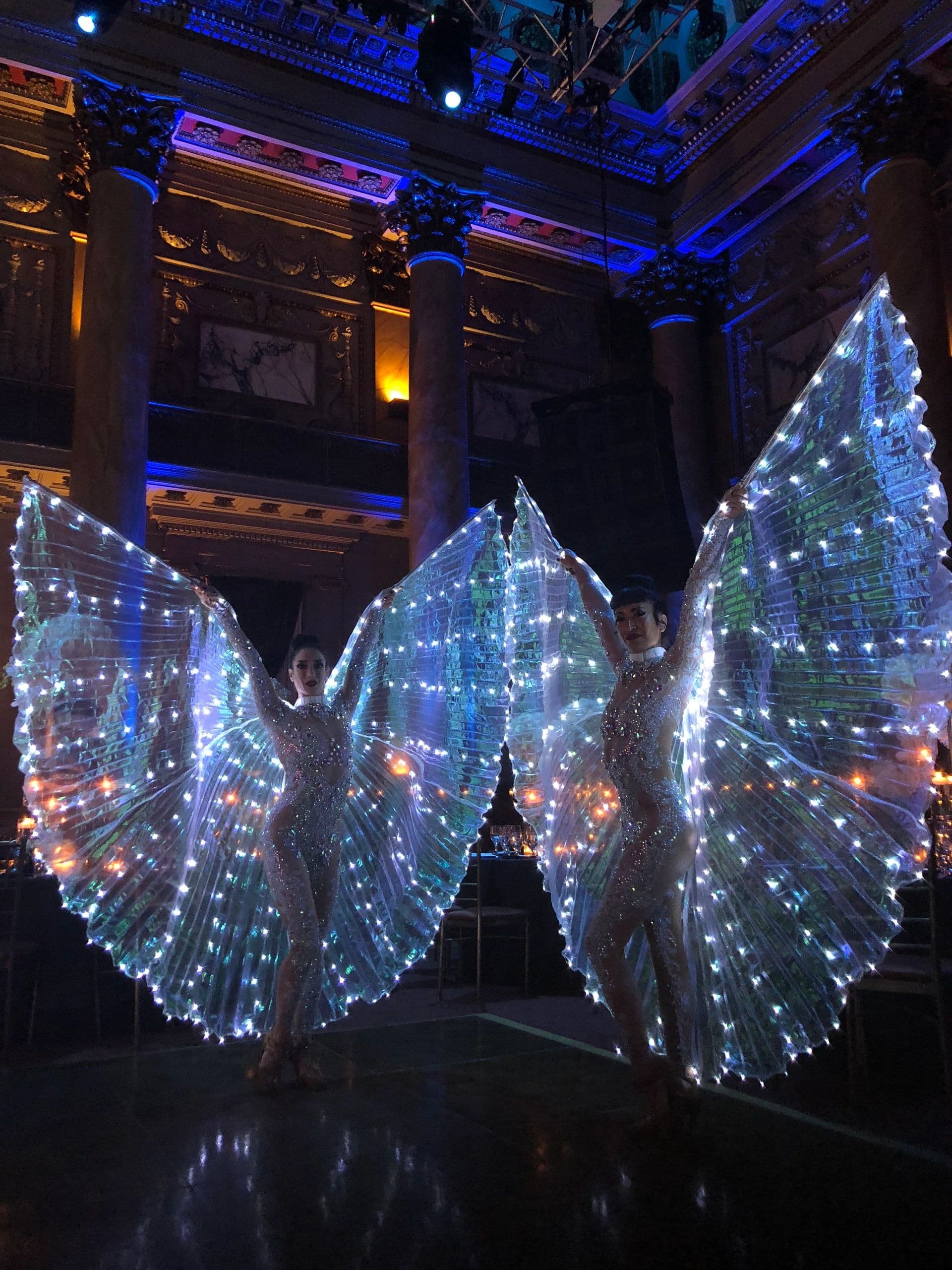 LED Isis wing performer at a winter themed luxury event in Westchester County