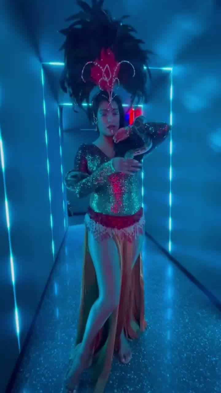 Snake charmer performer in sequined samba costume with feathered headdress cradling a python at a luxury event in New York