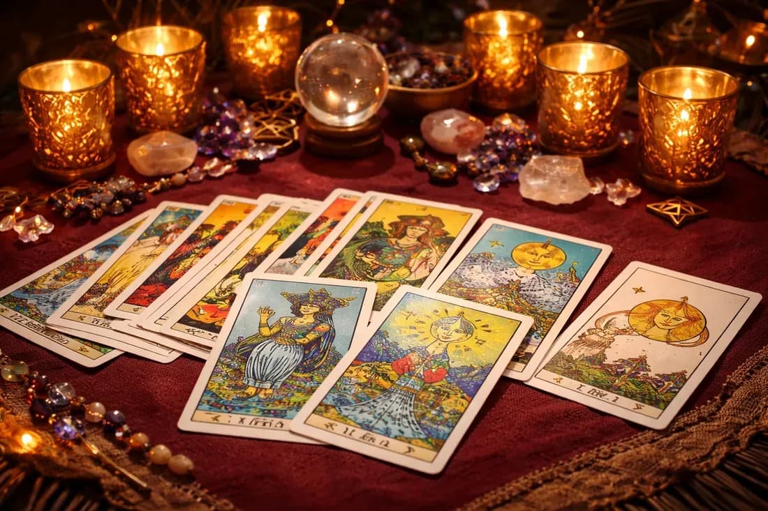 Tarot card reader table with a card spread, lit candles, and a crystal ball at a New York event