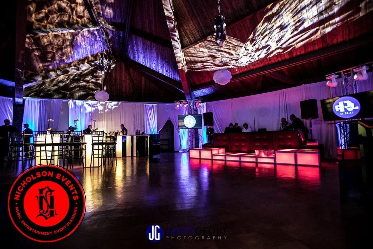 LED stage and video wall over an event dance floor