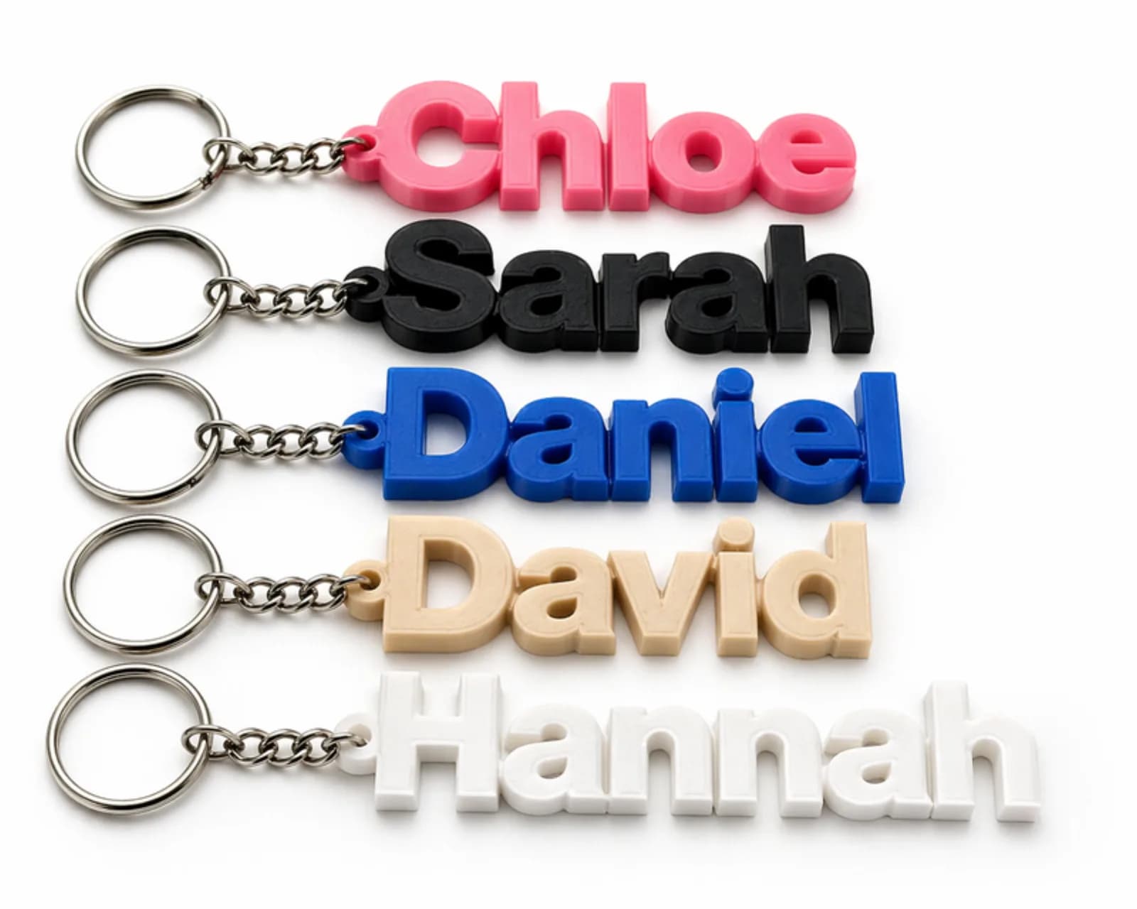 Personalized 3D printed name keychains in assorted colors, a custom keepsake from the 3D printing station