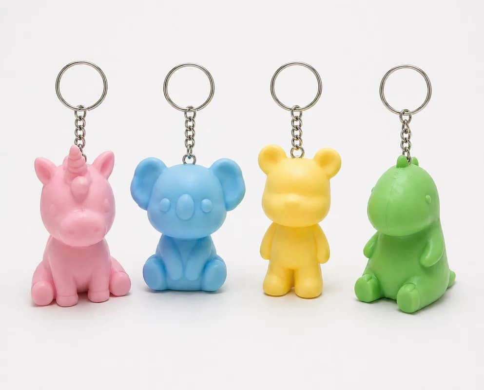 Colorful 3D printed animal keychains including a unicorn, koala, bear, and dinosaur design at a 3D printing station