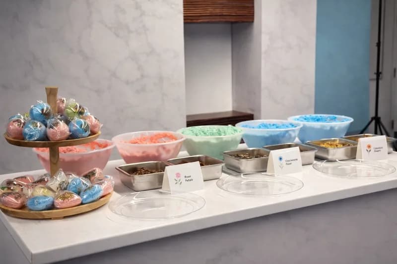 Bowls of scent and color ingredients including rose petals, chamomile, and calendula for a custom bath bomb bar at an event