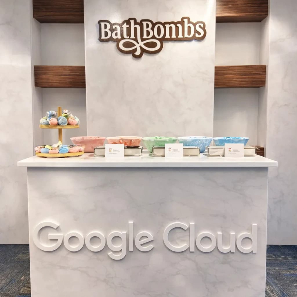 Bath Bombs station signage above bowls of scent ingredients and finished bath bombs at a corporate event