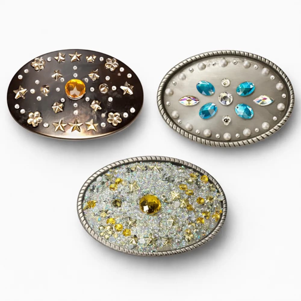 Bling a belt buckle craft station with rhinestoned buckles at a party