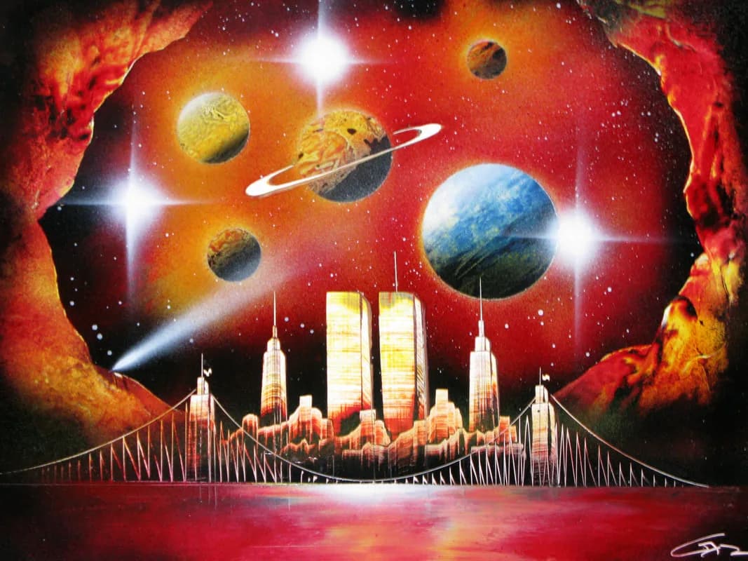 Finished spray paint canvas art of a futuristic city skyline framed by planets and stars, created live at a spray paint art station