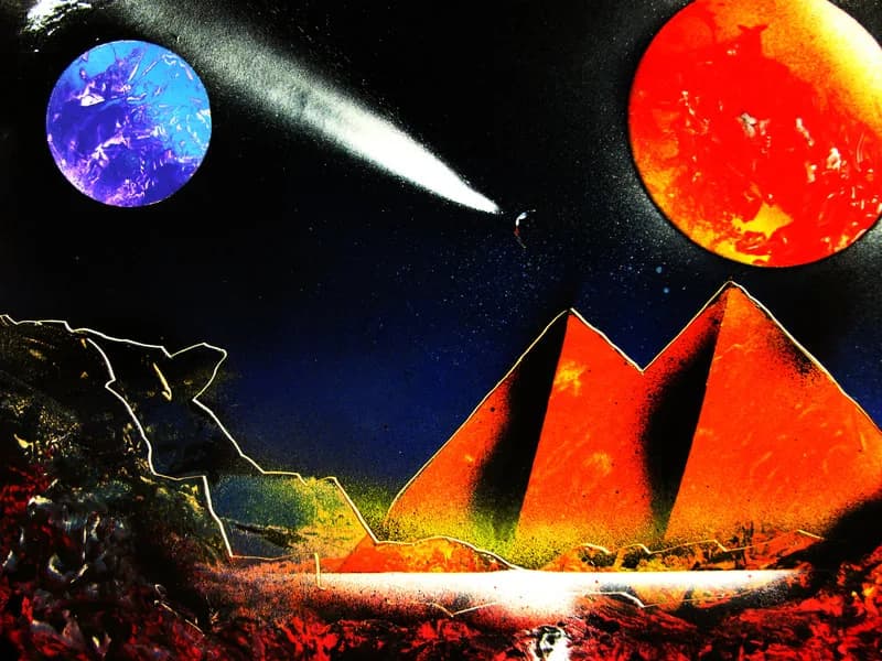 Finished spray paint canvas art of glowing orange pyramids beneath a comet streaking past a blue planet and a red planet, created live at a spray paint art station