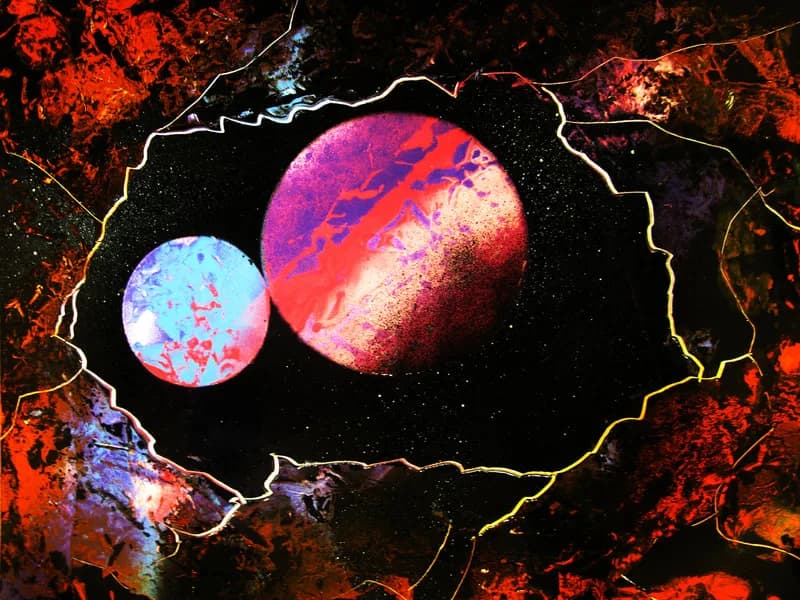 Finished spray paint canvas art of two glowing planets set inside a jagged crystal cutout design, created live at a spray paint art station