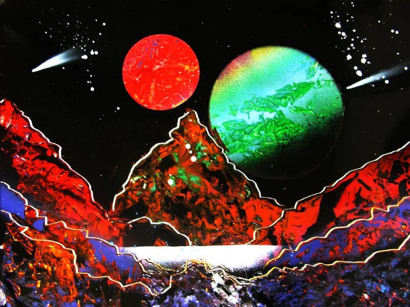 Finished spray paint canvas art of a red mountain range beneath twin comets and glowing red and green planets, created live at a spray paint art station