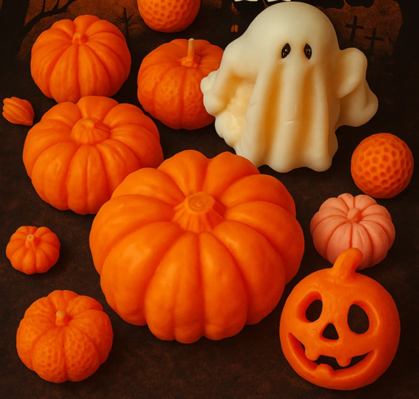 Wax candles shaped like pumpkins and a ghost for a Halloween-themed candle art station