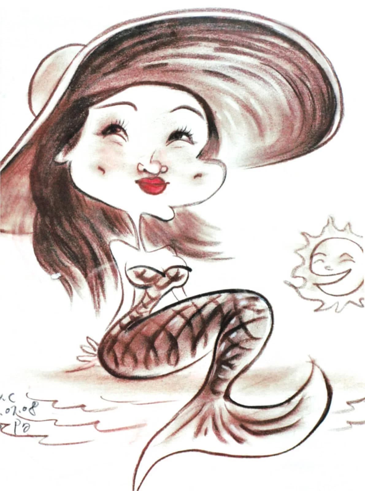 Caricature portrait sketch of a woman in a sun hat, drawn in sepia tone at a caricature station