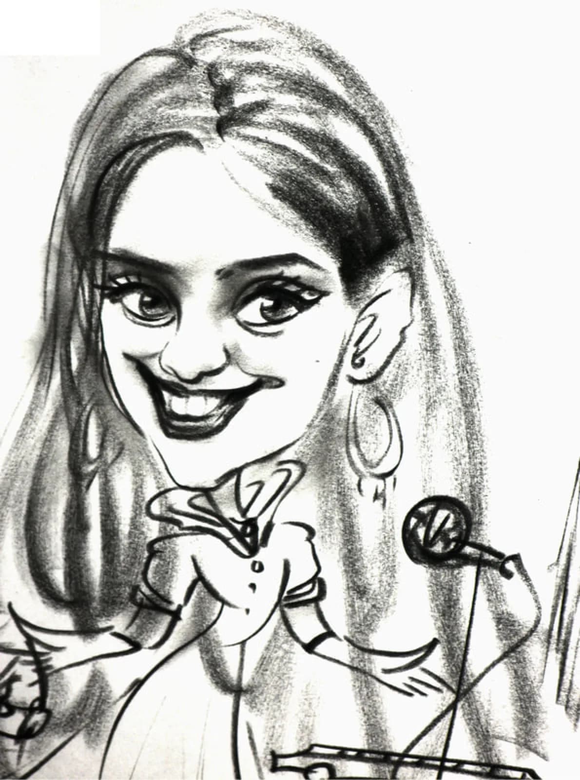 Black and white caricature portrait sketch of a woman smiling and singing into a microphone