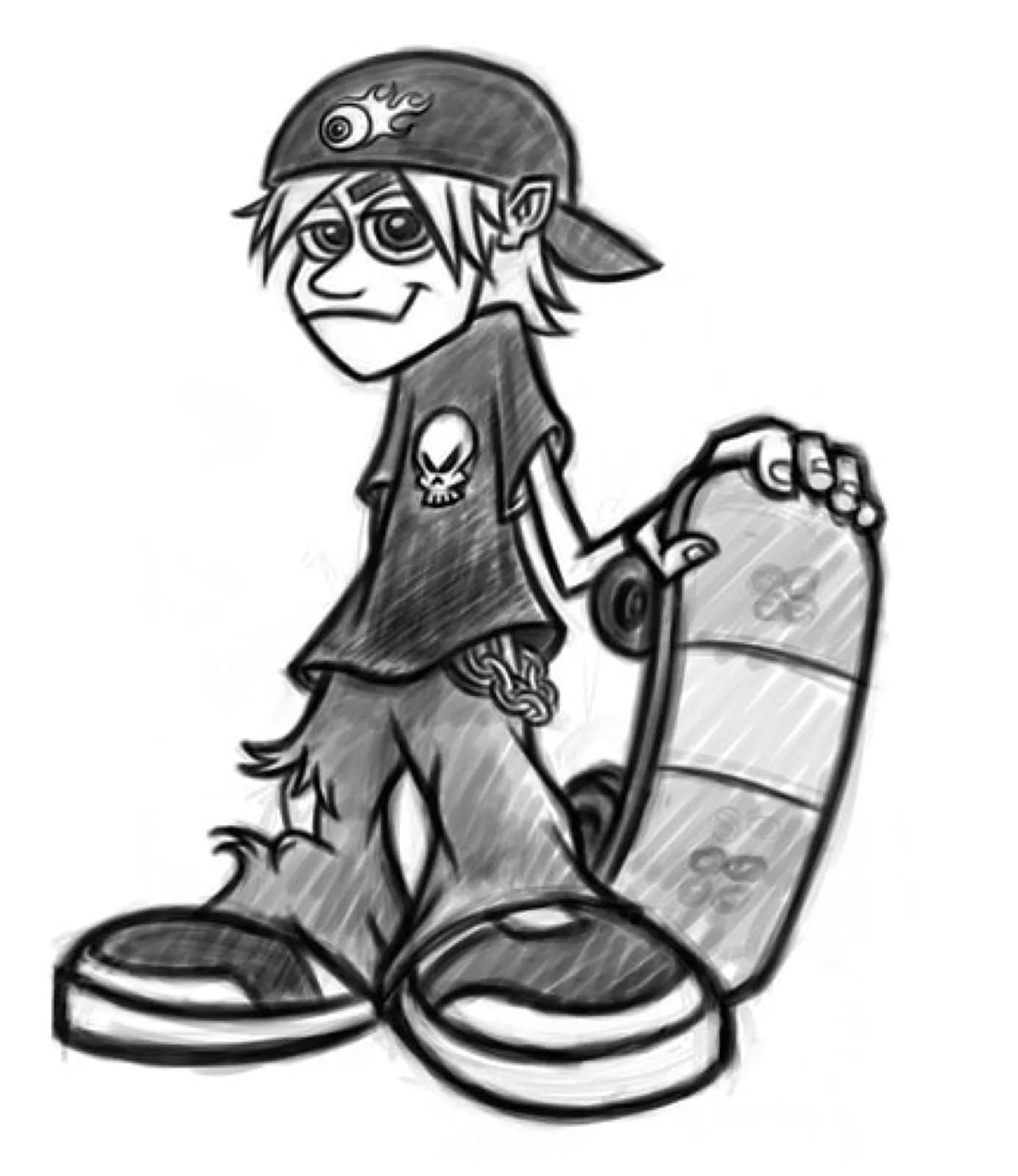 Pencil sketch caricature portrait of a boy holding a skateboard