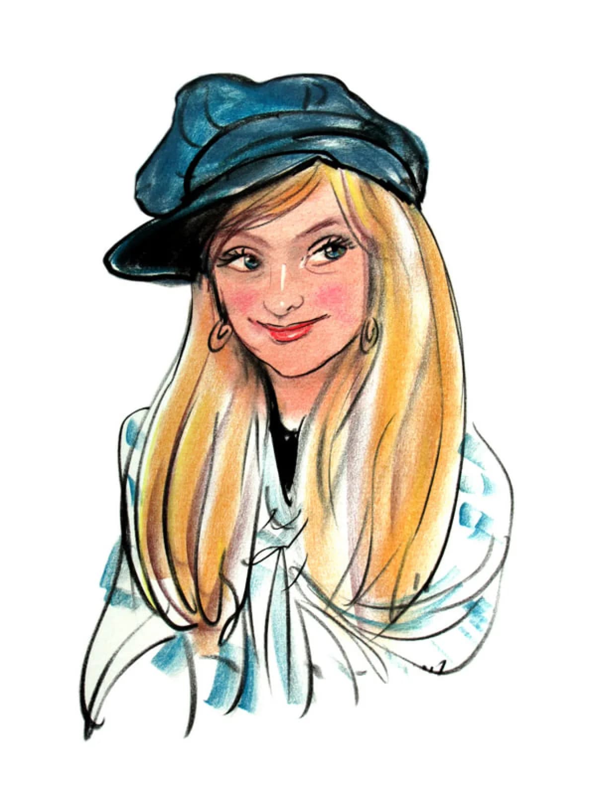 Colored caricature portrait sketch of a woman in a newsboy cap drawn live at an event