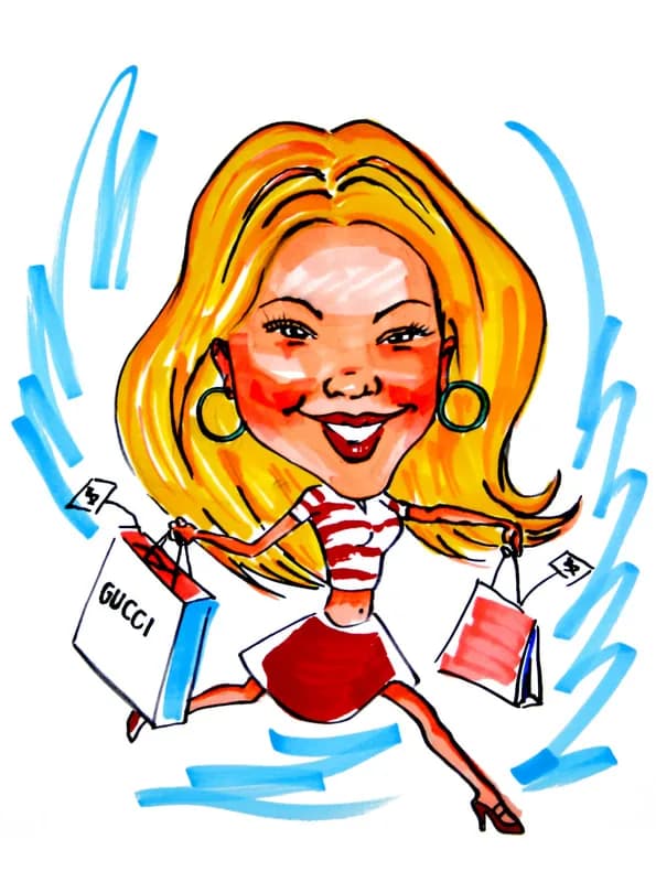 Colorful marker caricature portrait of a woman running with shopping bags, a playful keepsake from the caricature station