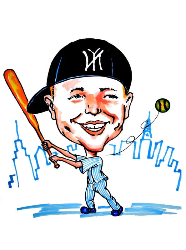 Colorful marker caricature portrait of a boy swinging a baseball bat in a ball cap and pinstripe uniform against a city skyline