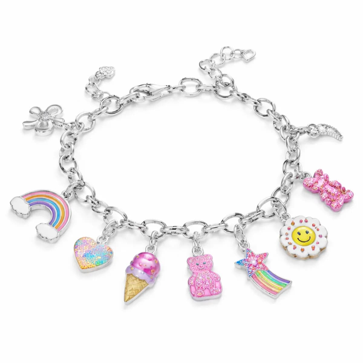 Silver charm bracelet with rainbow, teddy bear, and ice cream charms from a custom charm bracelet station