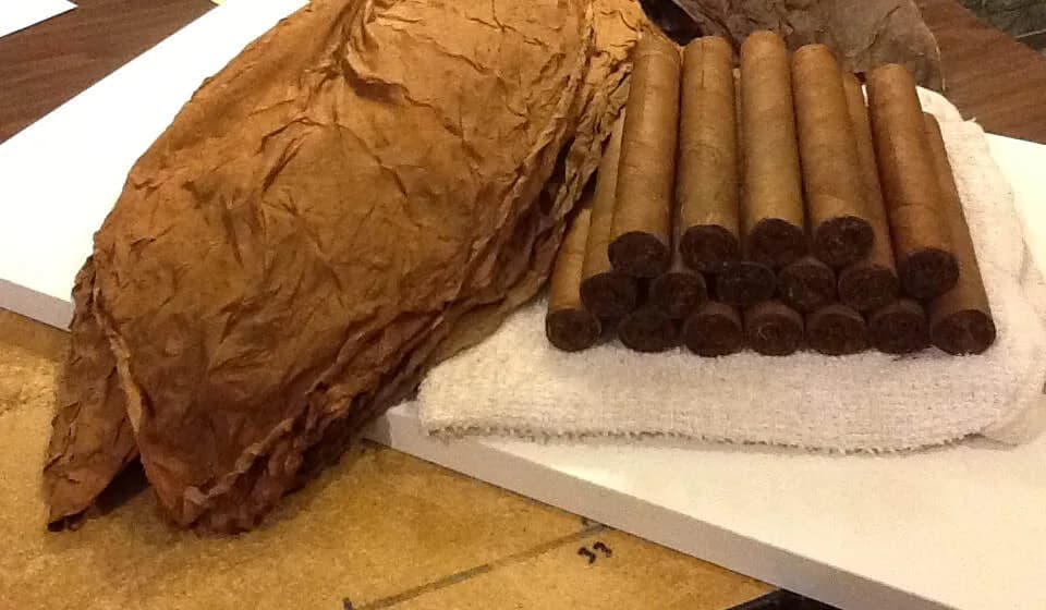 Hand-rolled cigars stacked beside a whole tobacco leaf at an on-site cigar rolling station