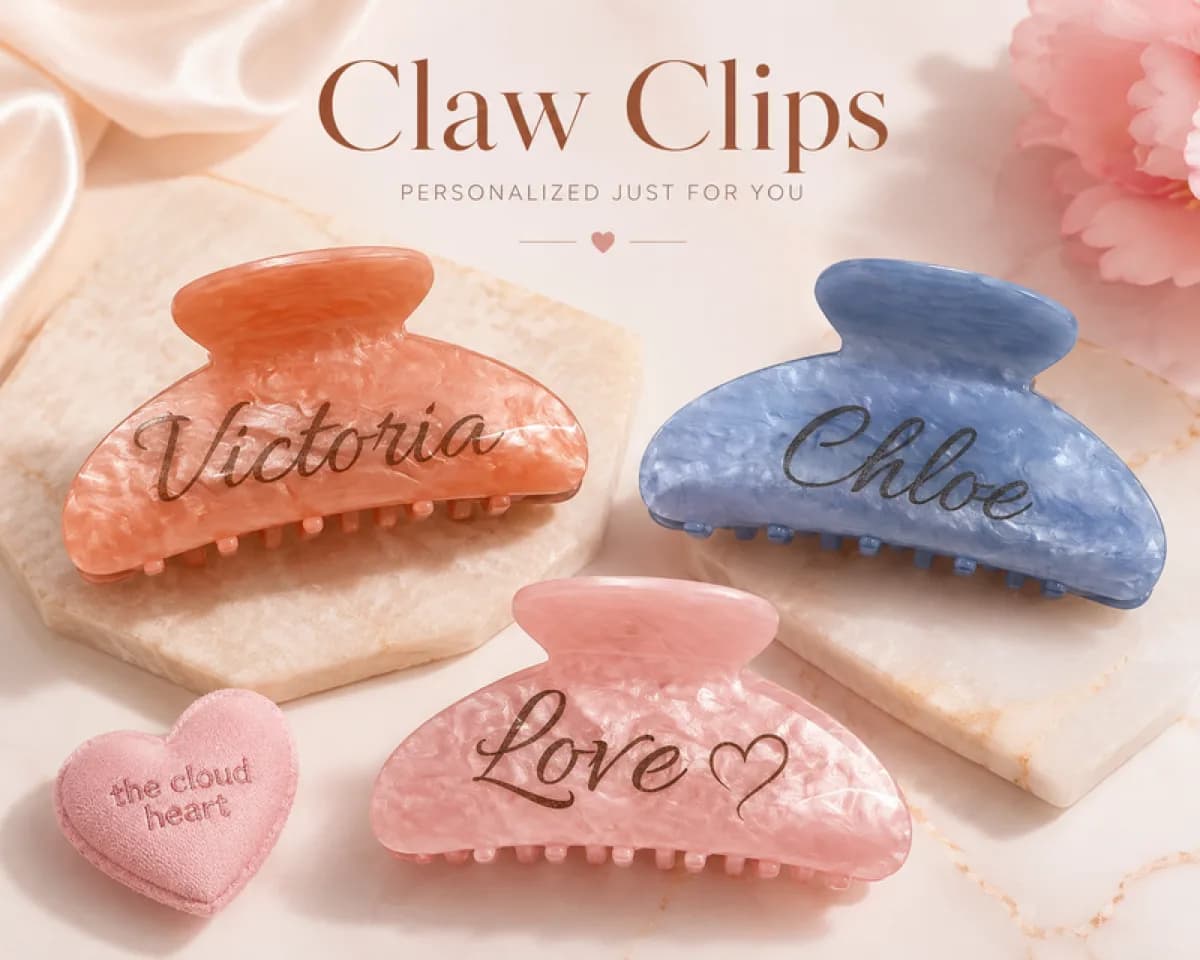 Personalized claw clips engraved with names, a hands-on hair accessory station for events
