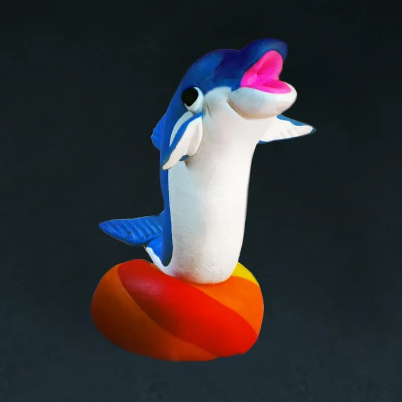 Handmade clay dolphin sculpture in blue and white on an orange floatie, a finished piece from the clay sculptures station