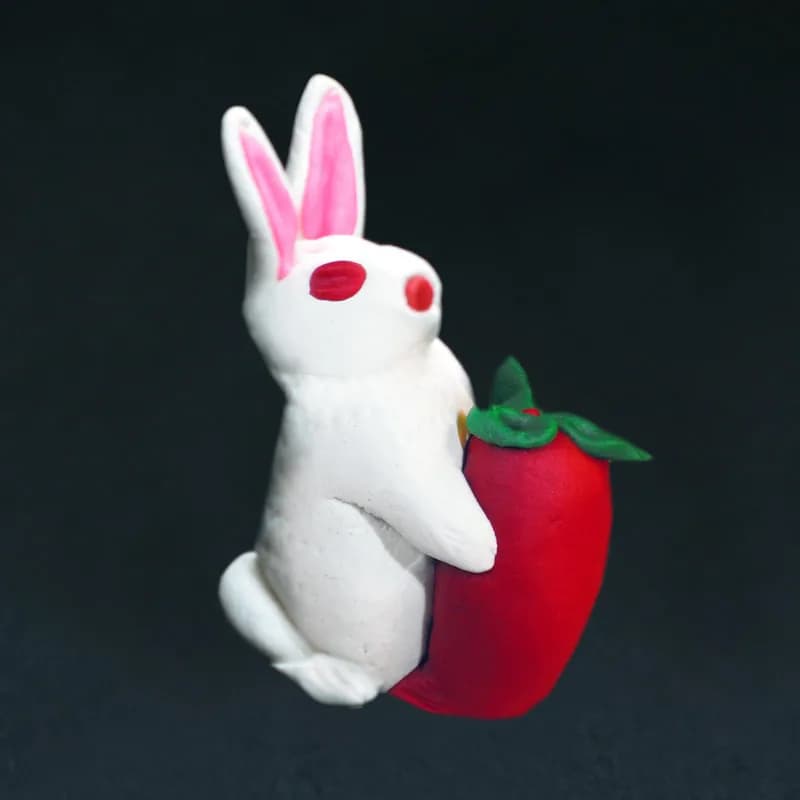 Handmade clay bunny sculpture holding a clay carrot, a finished piece from the clay sculptures station