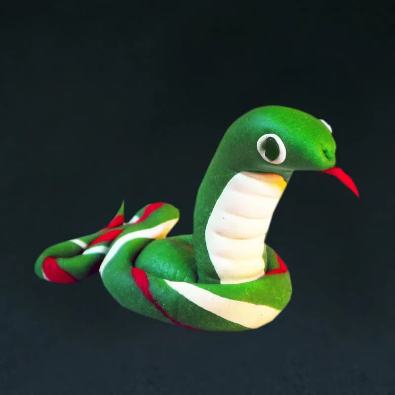 Handmade clay snake sculpture in green, red, and white, a finished piece from the clay sculptures station