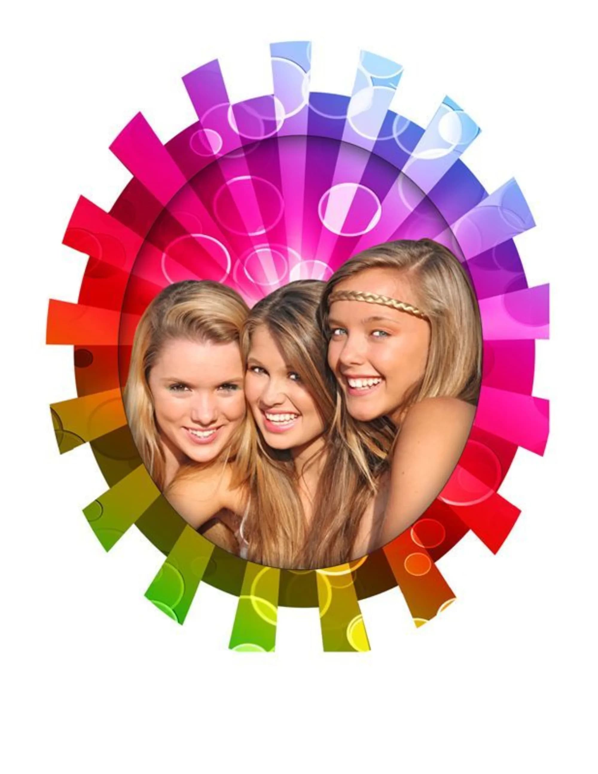 Circular rainbow-burst photo cling favor at a Connecticut party