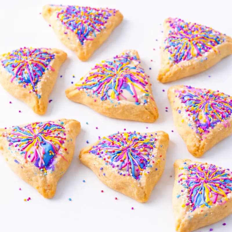 Triangular spin art cookies decorated with colorful drizzled icing and sprinkles
