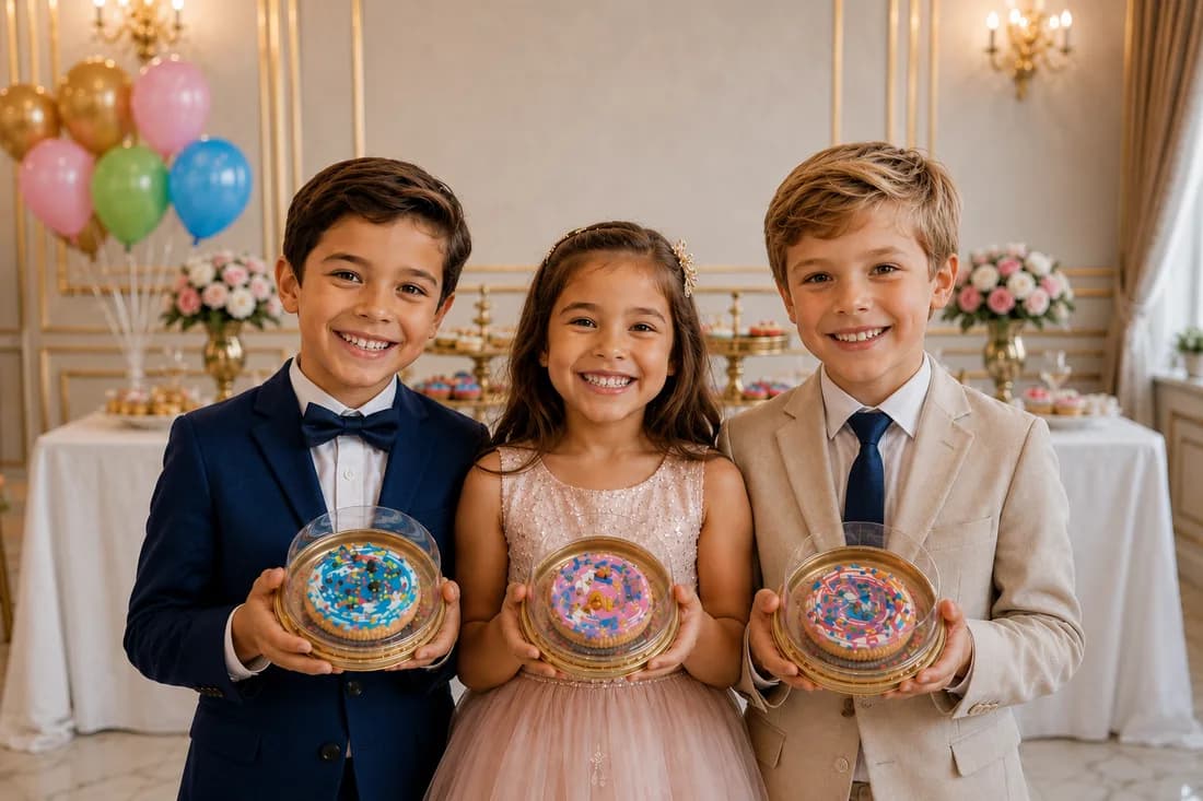 Three children at a formal event holding boxed cookie spin art favors they decorated themselves
