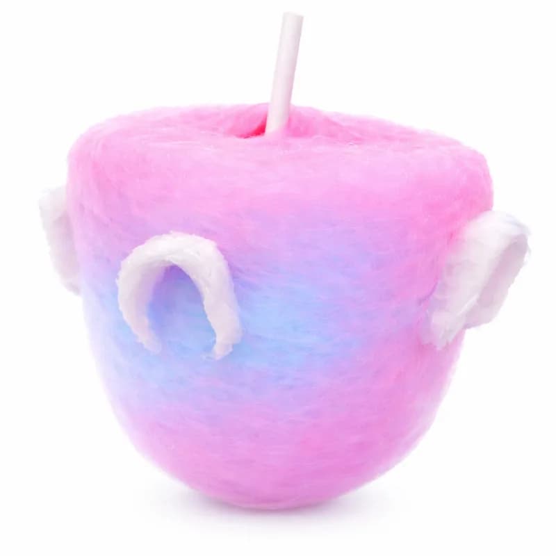 Cotton candy art hand-shaped into a two-tone pink and blue cup with looped ear handles