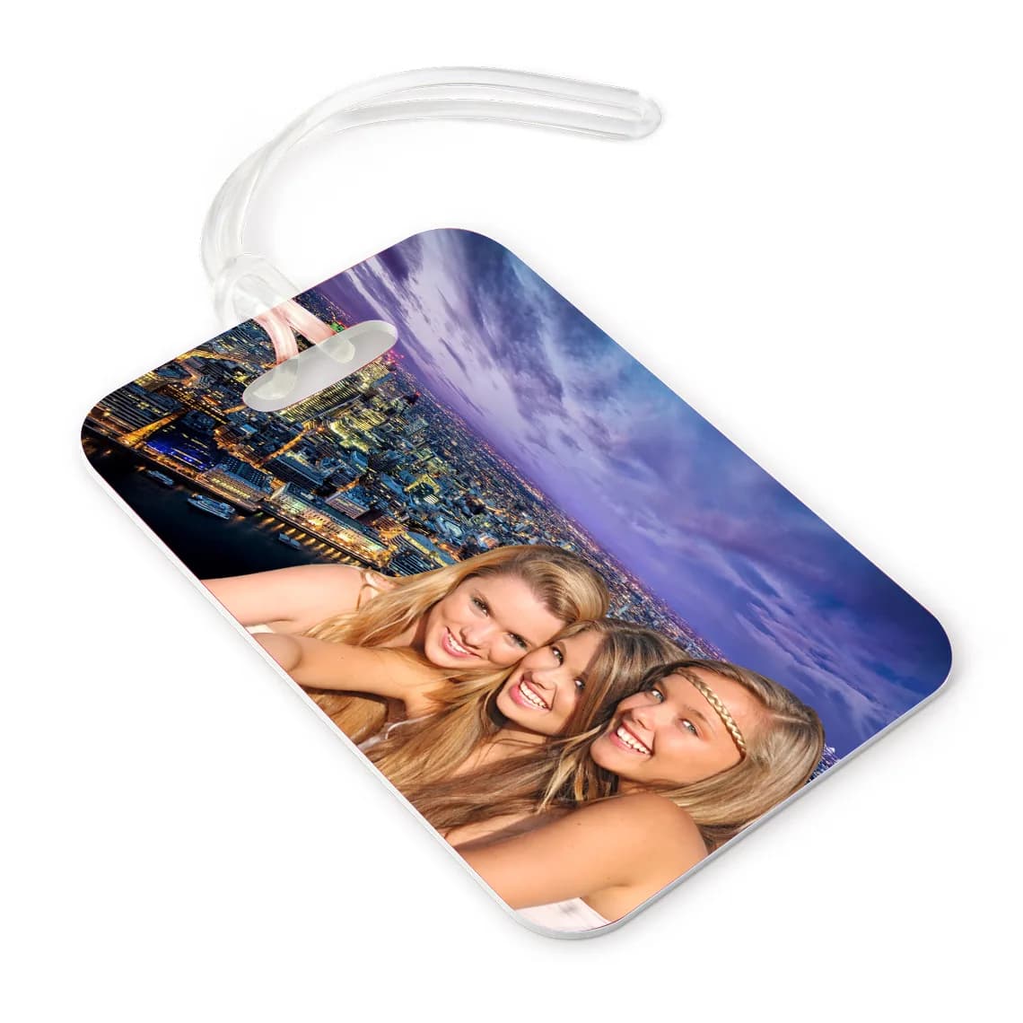 Custom photo luggage tag with three guests over an illuminated bridge skyline background