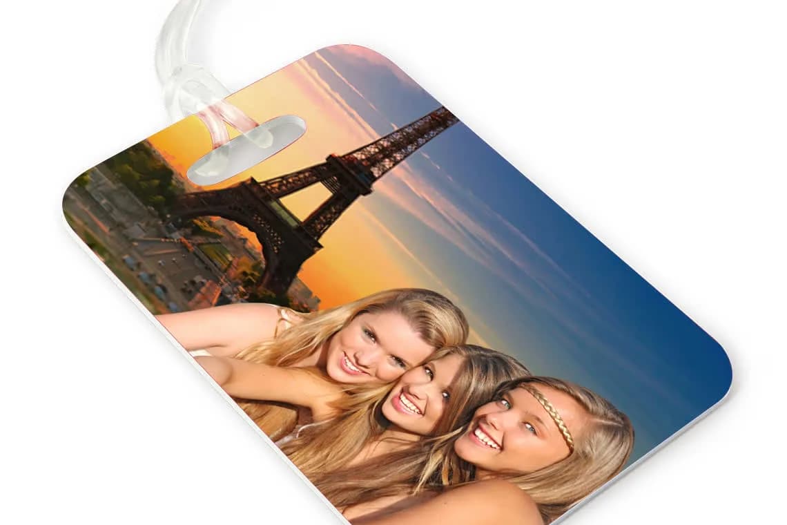 Custom luggage tag favor printed with an Eiffel Tower Paris sunset travel background