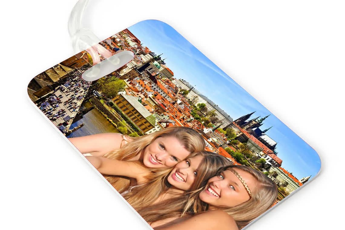 Custom luggage tag favor printed with a European old-town cityscape travel background