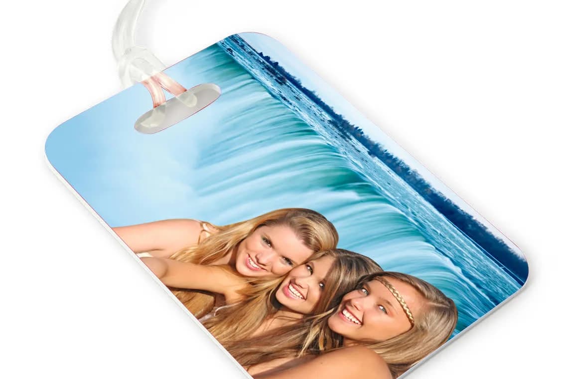 Custom luggage tag favor printed with a waterfall travel background