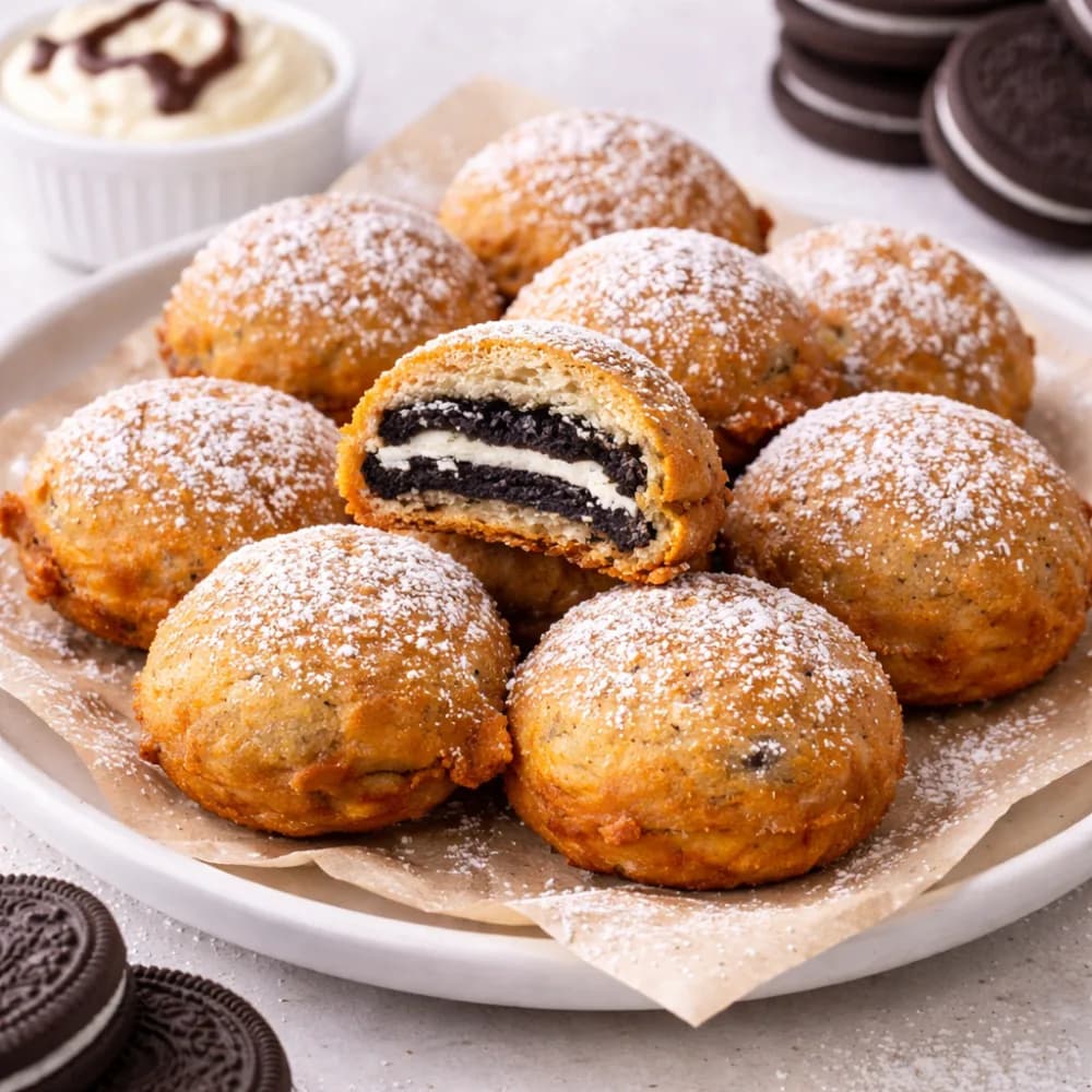 Deep fried Oreos dusted with powdered sugar at a carnival-style dessert station