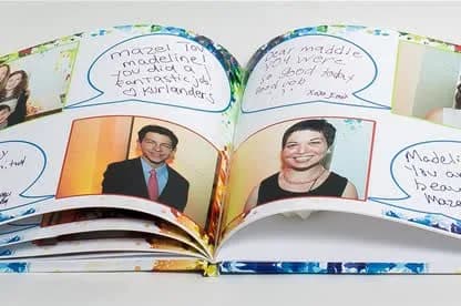 Open photo guestbook spread showing guest photos and handwritten mazel tov messages from a bat mitzvah