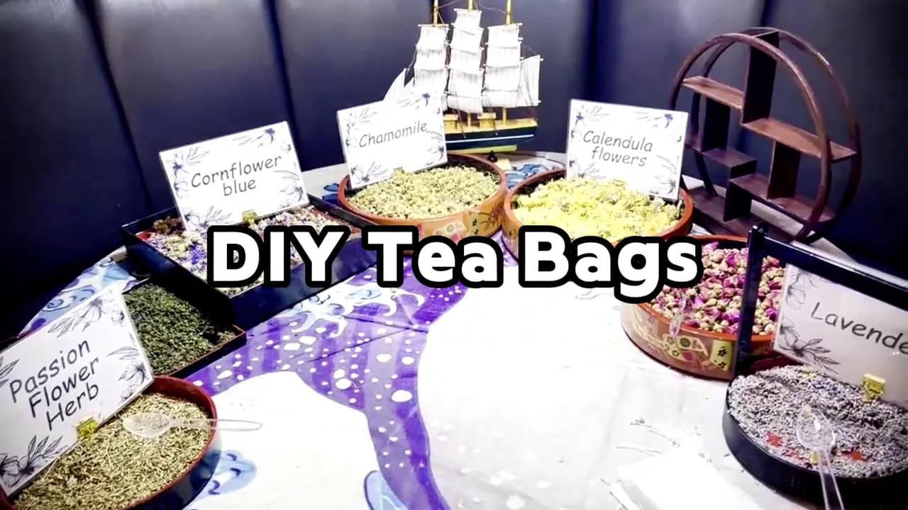 DIY Tea Bags station setup with an attendant at a Nicholson Events event