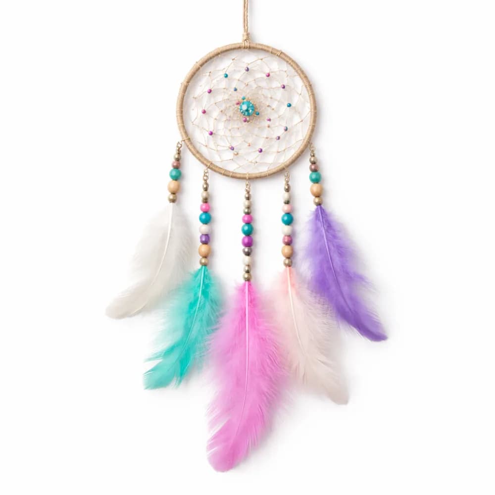 Pastel dream catcher with beaded strands and feathers in white, teal, pink, and purple, a finished keepsake from the dream catcher station