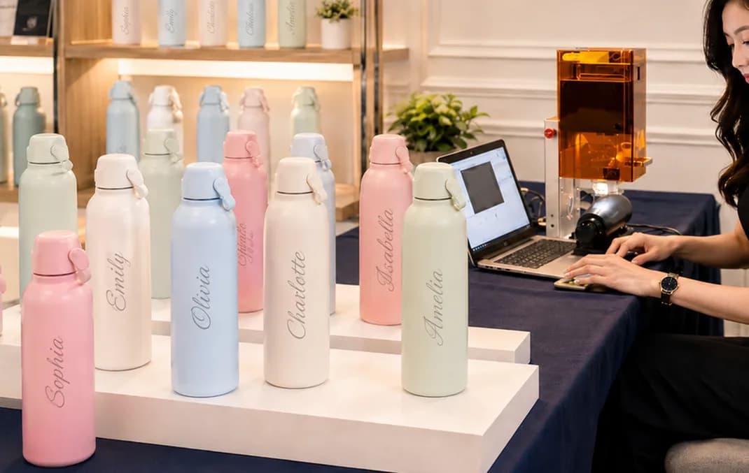 Attendant operating a laser engraver next to a row of pastel water bottles at a staffed engraving station