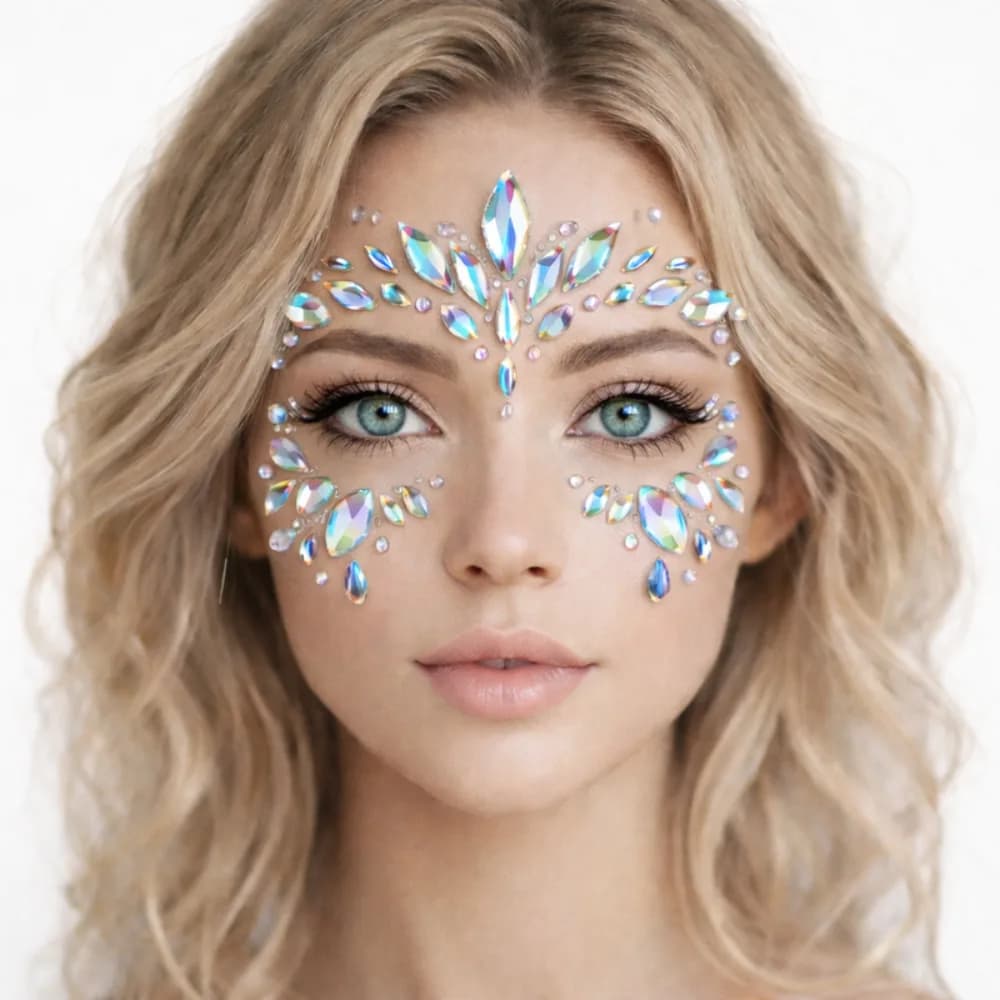 Guest with sparkling face gems and crystal accents applied at a glam party face jewelry station