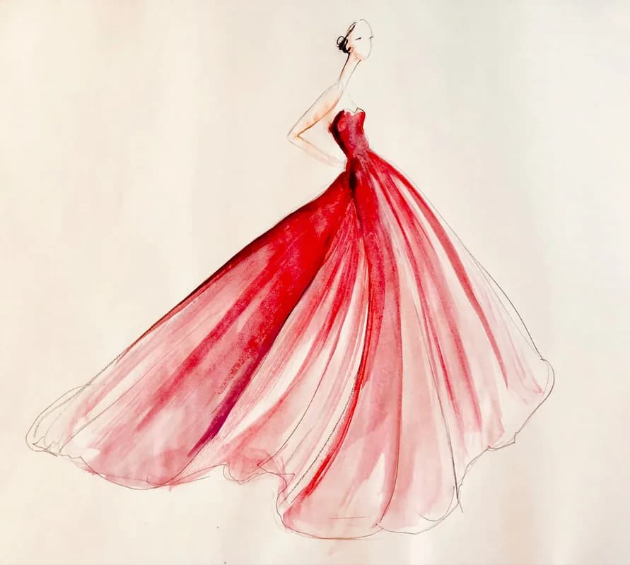 Fashion illustration of a guest in a flowing strapless red gown, sketched from behind in a runway-inspired style
