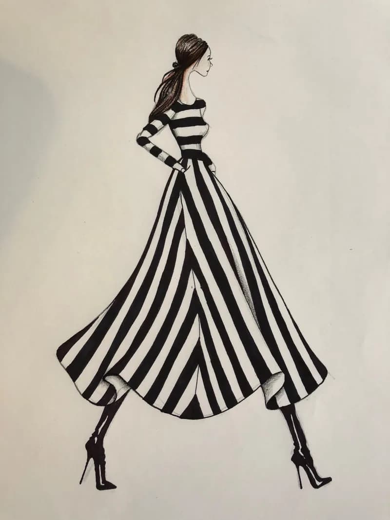 Fashion illustration of a guest walking in a black and white striped gown, sketched in a side profile runway pose