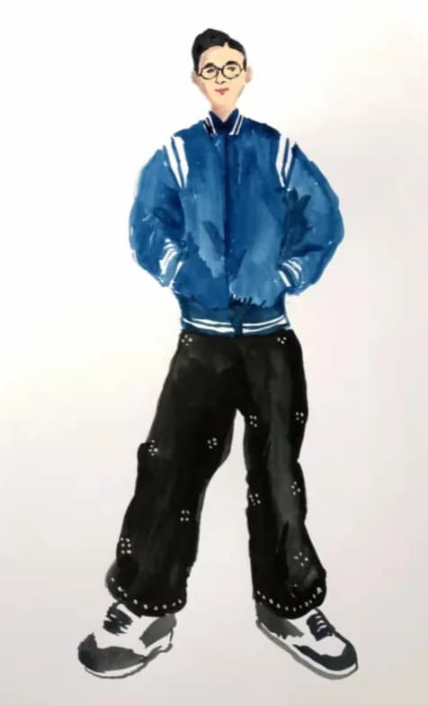 Fashion illustration of a guest in a blue varsity jacket and black pants, sketched in a modern streetwear style
