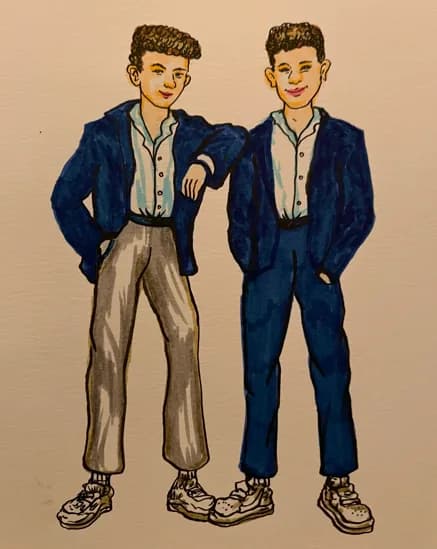 Fashion illustration of two guests in navy blazers, sketched together in a coordinated runway-inspired style