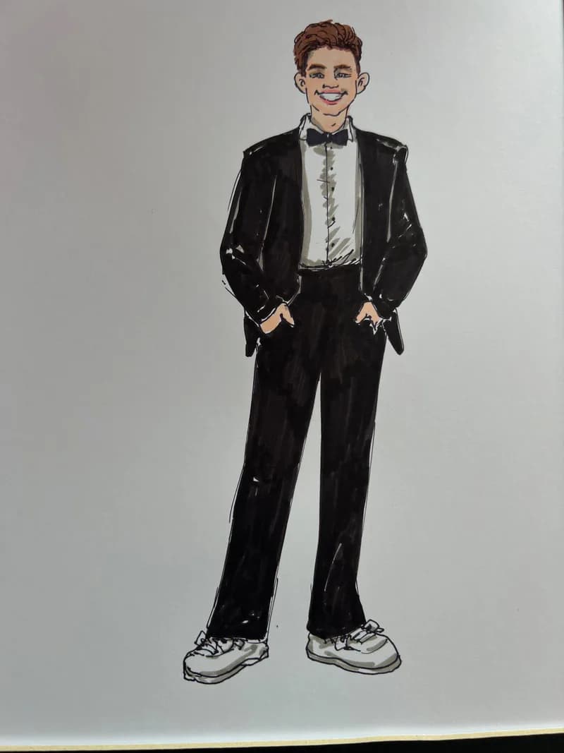 Fashion illustration of a guest in a black tuxedo with a bow tie, sketched in a chic formalwear style