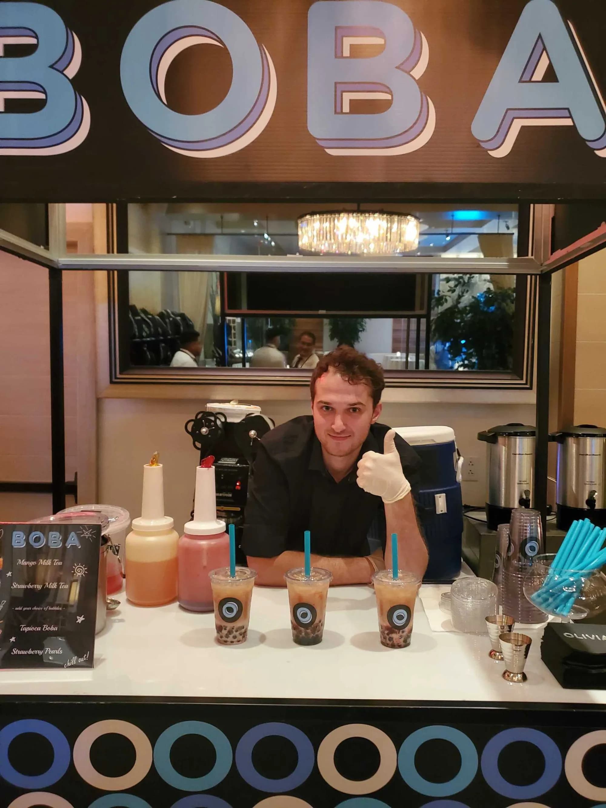 Attended boba tea station with freshly poured milk teas and tapioca pearls at a Westchester event
