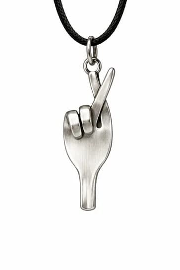 Hand-bent fork pendant shaped like a hand making a peace sign, worn on a cord necklace, a keepsake from the fork art station