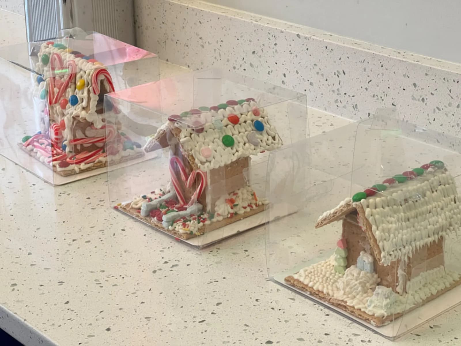 Three finished gingerbread houses packaged in clear display boxes on a countertop after decorating