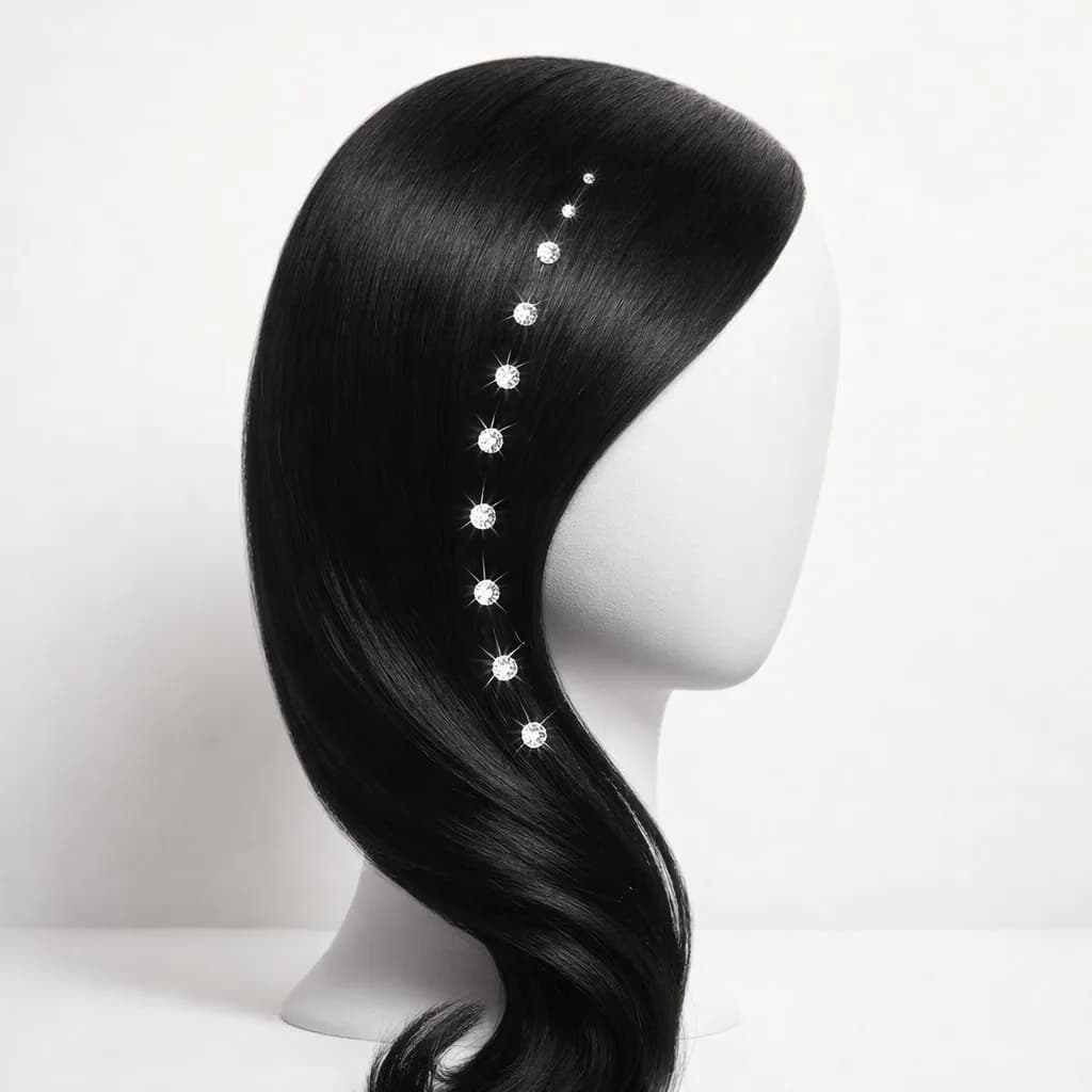 Sparkling rhinestone hair jewelry strand added to a hairstyle at an event hair station