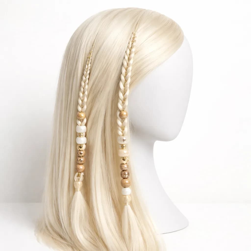 Braided hair extension with wooden and pearl beads at an event hair station